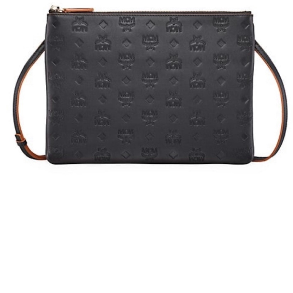 MCM Black Embossed Leather Messenger Bag